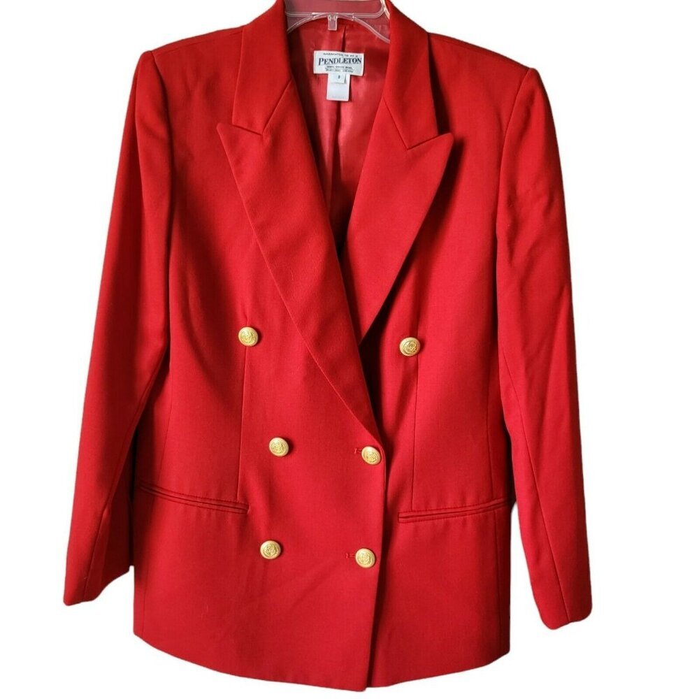 Pendleton Red Wool Structured Double-Breasted Blazer Jacket Gold Buttons Size 8 - Picture 12 of 13
